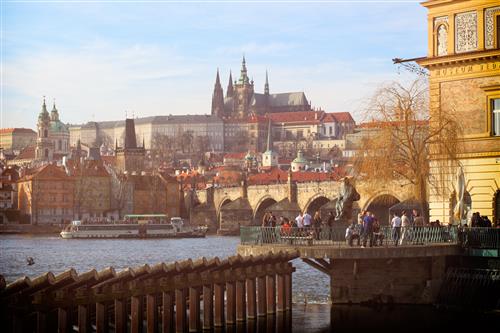 View of Prague Castle and Charles Bridge in spring